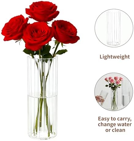 Flower Vase, Non-breakable Vase for Flower, Ribbed Acrylic Vase, 5"W x 14"H Tall Clear Cylinder Vases for Centerpieces, Living Room, Dining Table, Office, Bookshelf Decoration Housewarming Gift