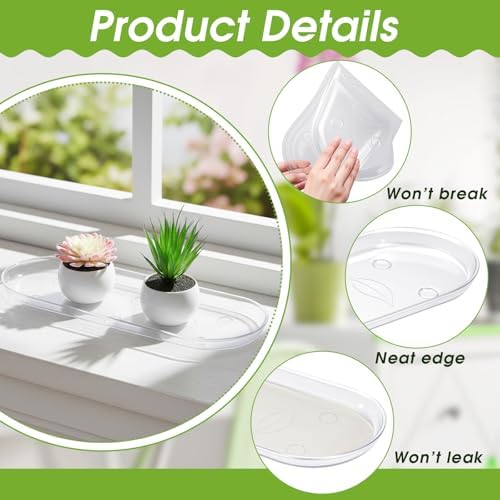 4 Pcs 17.7 x 6.1 Inch Plant Trays, Plastic Saucers for Window Sills, Clear