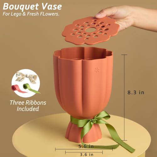 Bouquet Vase for Lego & Fresh Flowers - Flower Arrangement Vase with Grid & Ribbons, Impact Resistant, BPA-Free ABS Plastic, Home Decor Gift for Lego & Flower Lovers (Terracotta Orange)