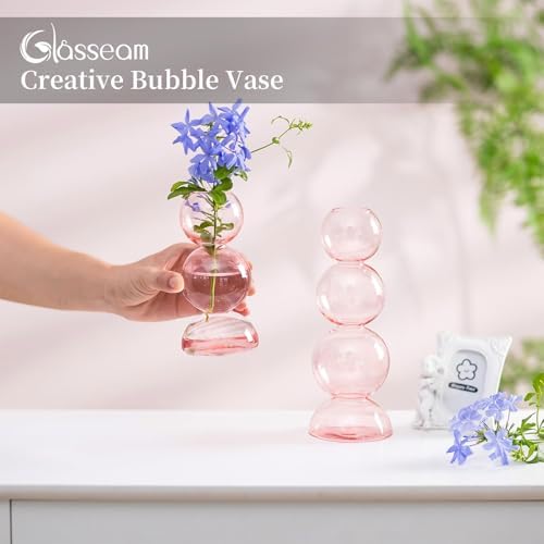 Glasseam Pink Glass Bubble Vase, Set of 2 Cute Ball Bud Vases for Flowers