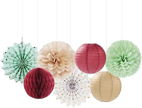 Sage-Olive Green Burgundy Champagne-Gold Party-Decorations - 14pcs Birthday Boho Paper Lanterns Fan Streamers,Tissue Pom Poms, Christmas Baby Bridal Shower Wedding Engagement Decor Lasting Surprise