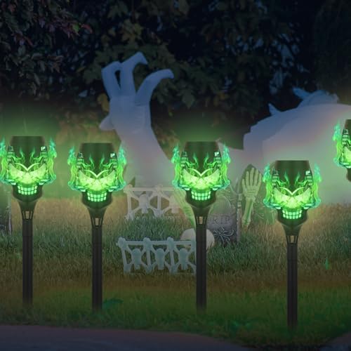 8 Pack Solar Halloween Lights Outdoor, Green Skull Torch Lights