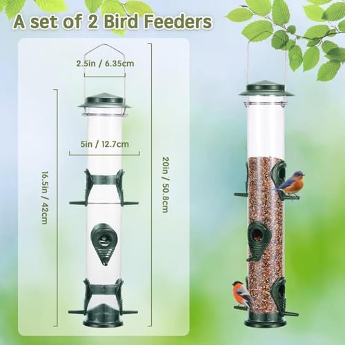 Metal Bird Feeder Tube Hanging Wild Bird Seed Feeder Aluminum Six Port Bird Feeders,1.4 mm Extra Thick Solid Tube Transparent with Steel Hanger Great for Attracting Birds (Green 2PK)