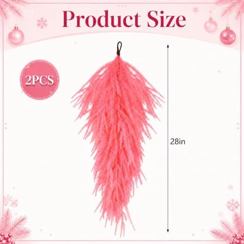 2 Pcs 28'' Pink Christmas Pine Door Swag,Artificial Norfolk Teardrop Swag