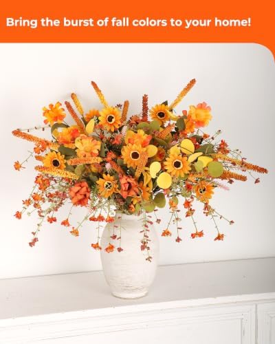 6-Pack Fall Stems Artificial Arrangement Flowers Bouquet Decoration Eucalyptus Leaves Autumn Harvest Home Décor Silk Sunflowers Daisy Grain Berries