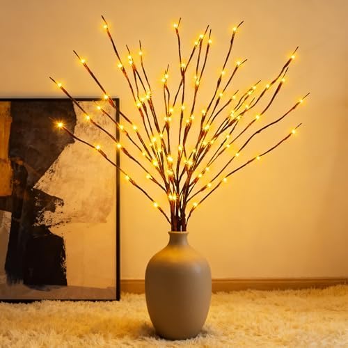 Lighted Willow Branches for Vase Decoration: 3-Pack 36 Inch 96 LED Warm White Twigs, Indoor Home Decor, Wedding Party Centerpiece, Living Room Bedroom Accent Lighting