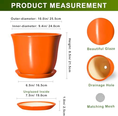 10 Inch Plant Pot, Ceramic Pots for Plants with Drainage, Orange