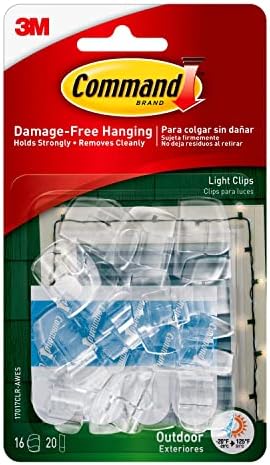 Command Damage Free Hanging Light Clips with Adhesive Strips, No Tools Mini Wall Hooks for Hanging Decorations in Living Spaces, 16 Clips, 20 Strips