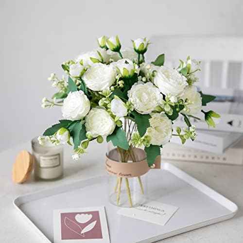 Floweroyal 2 Bunches Peony Artificial Flowers White Flowers Silk Peonies Bouquets for Wedding Party Table Centerpieces Floral Arrangement Home Kitchen Decor