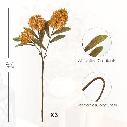 Briful 3PCS Faux Fall Flowers 22.8in Brunt Yellow Skimmia Spray Artificial Flower Branches Fake Fall Skimmia Stems for Autumn Home Vase Floral Arrangement Wedding Party Decor