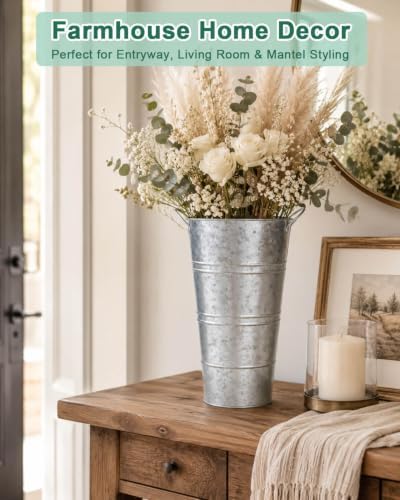 12 Inch Galvanized Metal Vase, 2 Pack Tall Flower Buckets with Handles