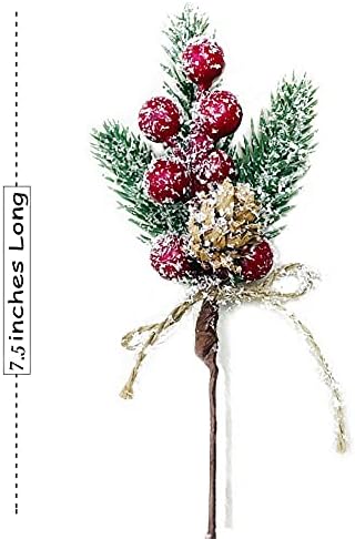 Christmas Berries Red Stems Evergreen Pine Branches 8pcs Christmas Picks Spray Artificial Pine Cones Holly Stem Craft Winter Holiday Floral Picks for Decoration DIY Xmas Garland Wreath Ornaments