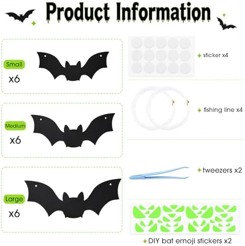 18PCS Bats Halloween Decoration with Glowing Eyes, Hang & Stick Flying Bat