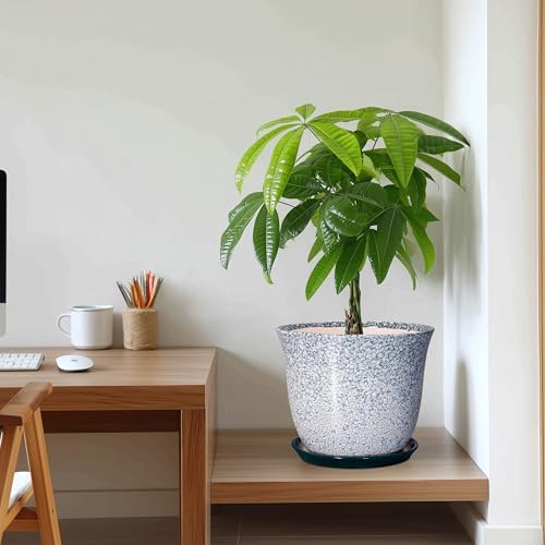 Ceramic Planter - 10 Inch Plant Pot for Indoor Outdoor, Round Planter with Drainage Hole and Plant Tray, Large Decorative Planters, Modern Flower Pot, Home Room Decor, Gardening Gift, Green