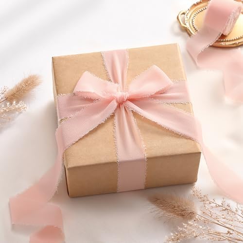 DORIS HOME Handmade Frayed Fringe Chiffon Ribbon 1" x 21Yd Blush Pink