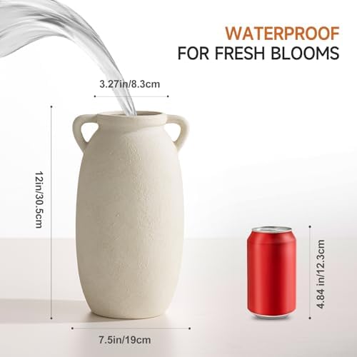 Dobbyby Ceramic Flower Vase 12 inch Farmhouse Rustic Vase Decorative Pottery Terracotta Tall Vases for Home Decor Table Mantle Fireplace Living Room Bathroom Wedding Centerpiece(Large-White)