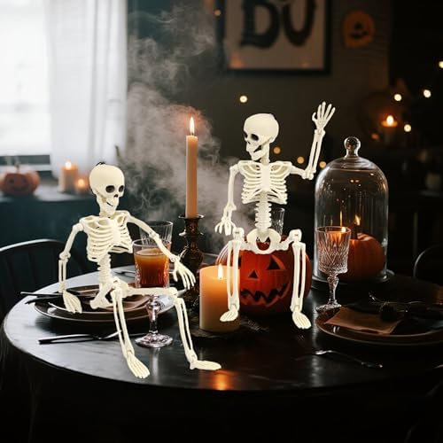 2 PCS 15.7" Posable Halloween Full Body Skeleton Decor with Movable Joints