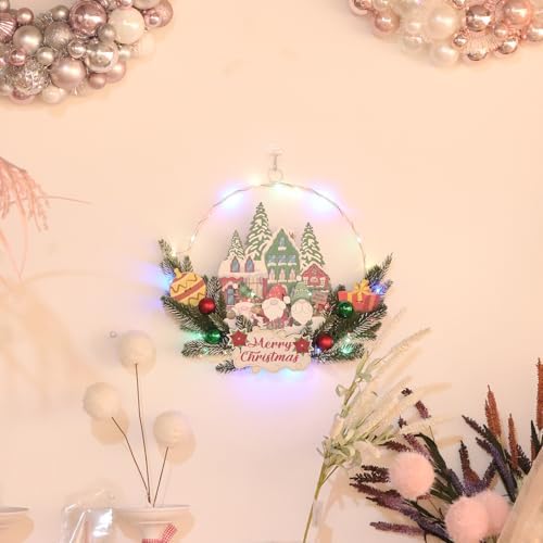 Christmas Rustic Wreath for Front Door, Artificial Xmas Wreath with Decorations and Lights, Indoor Outdoor Holiday Decor (Santa Gnome)