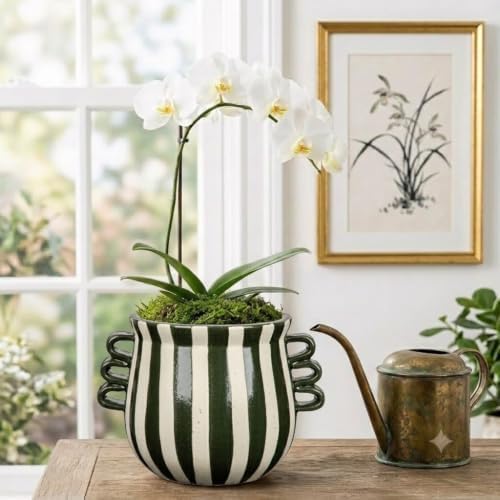 Ceramic Planter Pot Modern Striped Triple Handle Flower Pot No Drainage