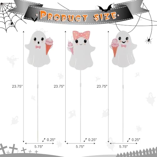 Glitzhome Halloween Metal Yard Stakes Set of 3 – 23.75" H Pink Ghosts Holding Ice Cream Cones, Cute Outdoor Halloween Decorations, Glossy Iron Garden Stakes for Lawn, Walkway, Party,Fall Decor