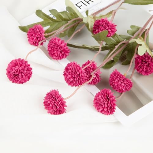 Laelfe Fall Flowers Artificial Pompon Mum, 5Pcs Fake Kiku Flowers Silk Small Mini Chrysanthemum Ball Faux Mum Decor for Autumn Filler DIY Bouquet Centerpieces Arrangements Shower (Hot Pink)