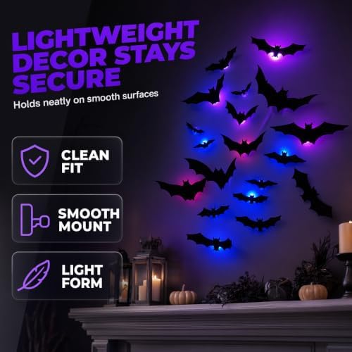 Halloween 3D Lighted Bats, LED Purple Glowing Wall Stickers, Indoor Outdoor
