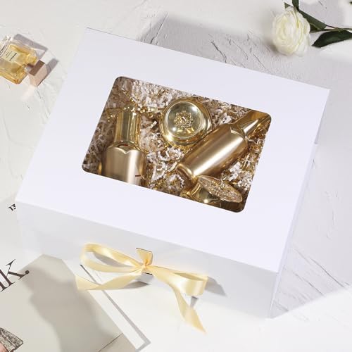 White Gift Box for Presents with Ribbon 13.2x11x5.3 Inches Clear Gift Box with Window Magnetic Closure Gift Boxes with Lids