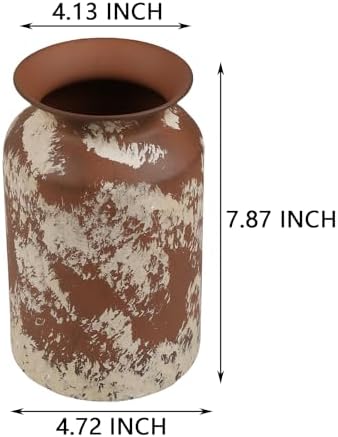 Shabby Chic Classy Designed White Milk Can Galvanized Finish Metal Vase Country Rustic Primitive Decorative Flower Holder for Home Office Garden, 7.87" H (Reddish-Brown)