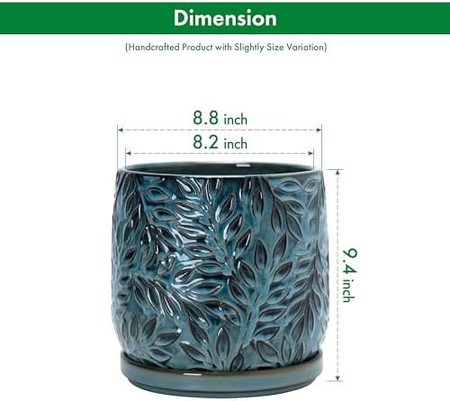 D'vine Dev Embossed Leaves Ceramic Planter, 8 in, Ocean Teal, 27-A-Q-8