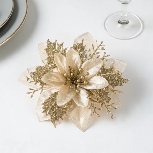 30PCS Artificial Christmas Poinsettia Flowers with Clips and Stems, 5.5 Inch Glitter Gold Xmas Tree Decorations, Holiday Poinsettia Picks Ornaments for Christmas Tree, Wreaths, Garlands & Home