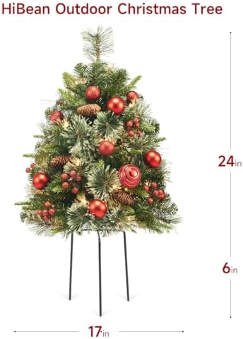 HiBean 2 Pack Outdoor Christmas Tree Urn Filler Small, 30 Inch Pre-lit Artificial Xmas Tree w/ 50 LED Lights and Realistic Carolina Pine for Pathway, Porch, Driveway, Yard (Red)