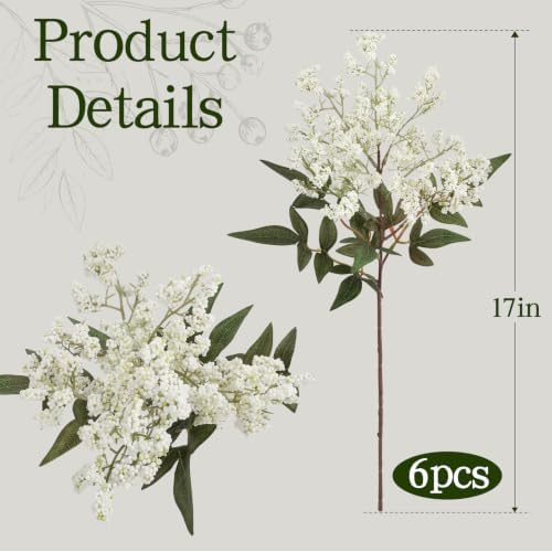 6 Pcs 17'' Artificial Nandina Berry Stems White Faux Branches Home Decor