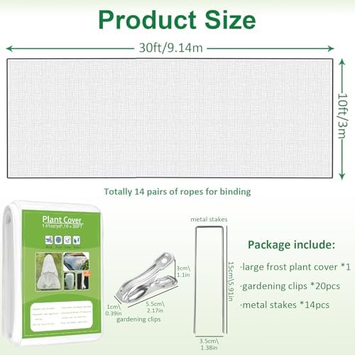kockuu Plant Covers Freeze Protection, 10ft x 30ft 1.41 oz/yd² Frost Cloth Plant Blankets Floating Row Covers with 20 Stainless Steel Clips for Winter Plants Gardens Frost/Sun Pests Protection, White