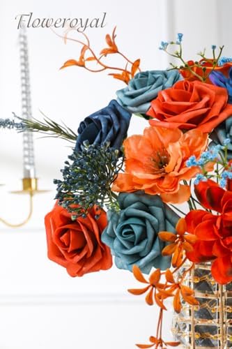 Floweroyal Artificial Flowers Combo Orange Flowers Mix Silk Flowers Dahlia Roses with Stems for DIY Wedding Bridal Bouquets, Baby Shower, Floral Arrangement, Table Centerpieces, Home Decorations.