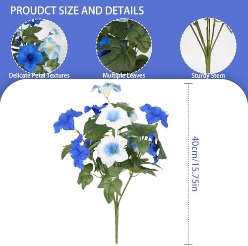Artificial Flowers for Outdoors, Faux Petunias Spring Summer Decoration, Fake Flowers Plants UV Resistant Look Real Silk Flowers for Outside Planter Front Door Porch Patio Yard (6, Blue-White)