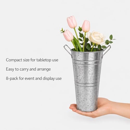 Galvanized Flower Bucket Set of 8, 10.6" Tall Metal Floral Buckets with Plastic Liner, 5.9" Top Opening, Tabletop Buckets for Flower Bar, Wedding Centerpieces, Bouquet Display