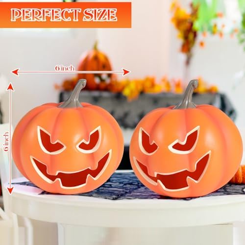Rocinha 2 Pack Plastic Jack O Lantern Pumpkins Halloween Light up Pumpkin Outdoor Indoor Battery Operated Lighted Pumpkin with Spooky Face Halloween Pumpkins Decorations Party Favor Gifts