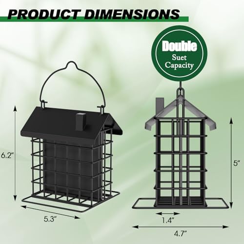 Gbekery All-Metal Double Suet Bird Feeder for Outdoors Hanging, Suet Cake Cage Holder with Weather-Resistant Roof & Perch for Outside Garden, Black