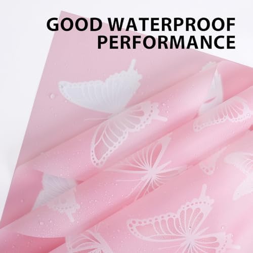 20 Sheet Flower Wrapping Paper-Waterproof Bouquet Paper (Butterfly Pink)