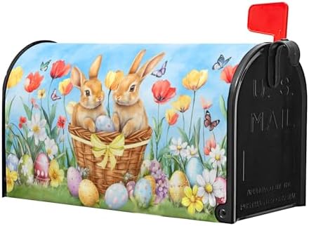 Easter Cute Bunny Eggs Mailbox Cover Magnetic Large Size 25.5 x21 Inch Easter Bunnies Flowers Mailbox Decoration Spring Holiday Mailbox Wraps Post Letter Box Cover for Home Outside Garden Yard Decor
