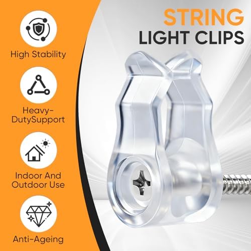 50 Pack Clear String Light Clips, Screw in Outdoor Light Hooks, Weatherproof Cable Clips for Christmas Fairy Lights, Rope Light, Patio Holiday Decor & Cable Management
