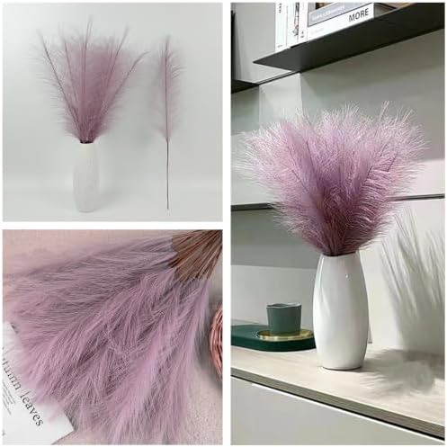 Fake Pampas Grass Set of 30 Stems 17” Artificial Reeds Plants, Faux Florals Bulrush Short Fluffy Beige Branches for Home Wedding Party Decoration Vase Fillers Christmas DIY Feathers Decor Light Purple