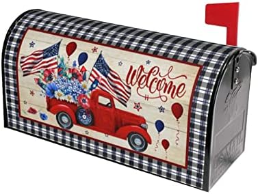 July 4Th Independence Day Mailbox Cover Magnetic Standard Size 18x21 Inch USA Patriotic American Flag Welcome Red Truck Wraps Post Letter Box for Home Garden Yard Decor