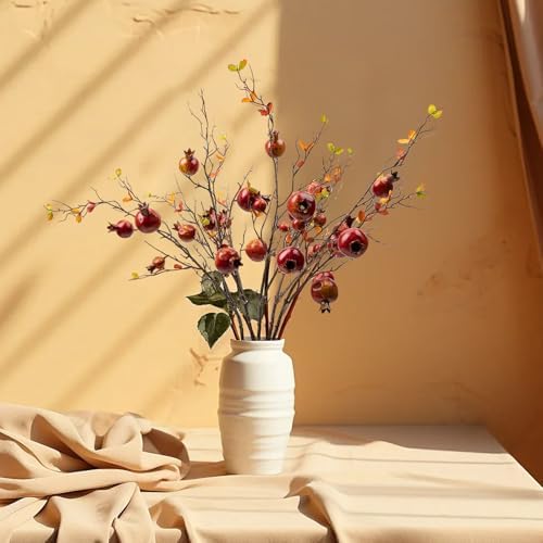 4pcs Red Berry Stems Pomegranate Faux Flowers with Fake Fall Leaves Artificial Fruits Decor Tall Branches for Vase Room Christmas Home Wedding Thanksgiving Centerpieces Arrangements Party Decoration