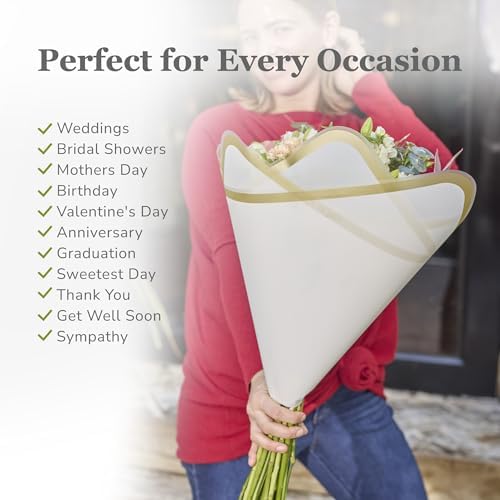 the florist Supply 20 Sheets Premium Flower Wrapping Paper | Waterproof Flower Wrapping Paper for Bouquets | Double Sided Floral Bouquet Sheets | DIY Gifts Rocio White/Gold