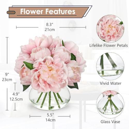 Hollyone Pink Peonies Artificial Flowers with Vase Faux Peonies Look Real Peony Fake Flowers Silk Flower Arrangements in Glass Vase with Faux Water for Bathroom Table Centerpiece Shelf Home Decor