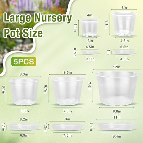 12/10/8/6/4 Inch Clear Nursery Pots with Drainage and Saucers, 20 Pack Large Clear Plastic Nursery Pots for Plants, Seedling Plant Pots for Repotting and Growing Plants, Flowers & Vegetables