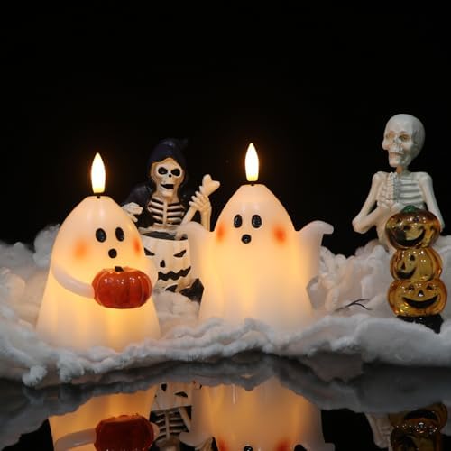 Halloween Ghost Flameless Candles with Timer Hand-Painted Pumpkin