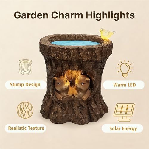 Solar Whimsical Squirrel Walnut Bird Feeder for Garden Decor: IP44 Weatherproof Resin with Automatic Lighting - No Installation- Outdoor Yard Patio Balcony Art - Birthday Gifts for Bird Lovers Women