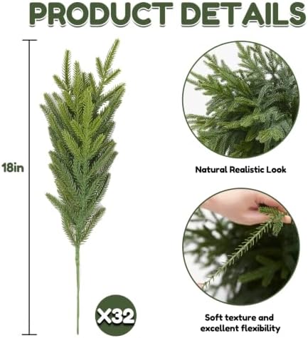 32Pcs Lifelike Touch Artificial Norfolk Pine Branches for Vase DIY Decor